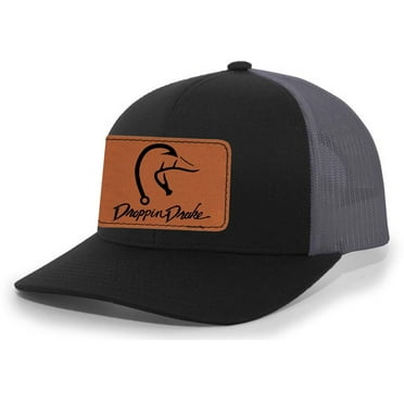 Droppin Drake Hunting Hat Duck Fishing Hook Engraved Leather Patch Mens Mesh Back Trucker Hat, Black/Charcoal