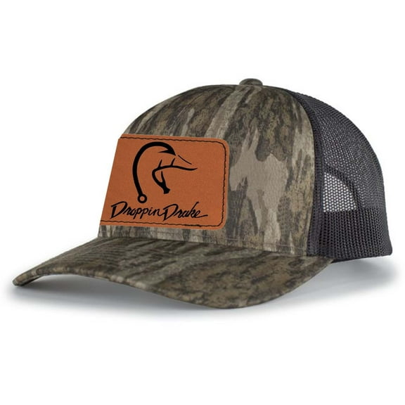 Droppin Drake Hunting Hat Duck Fishing Hook Engraved Leather Patch Mens Mesh Back Trucker Hat, Bottomland Camo/Charcoal