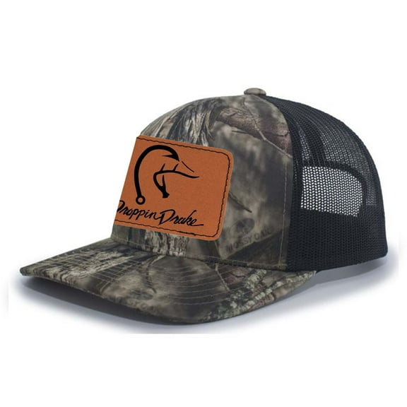 Droppin Drake Hunting Hat Duck Fishing Hook Engraved Leather Patch Mens Mesh Back Trucker Hat, Breakup Camo/Black