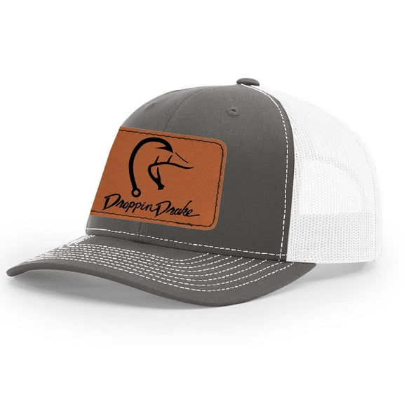 Droppin Drake Hunting Hat Duck Fishing Hook Engraved Leather Patch Mens Mesh Back Trucker Hat, Charcoal/White