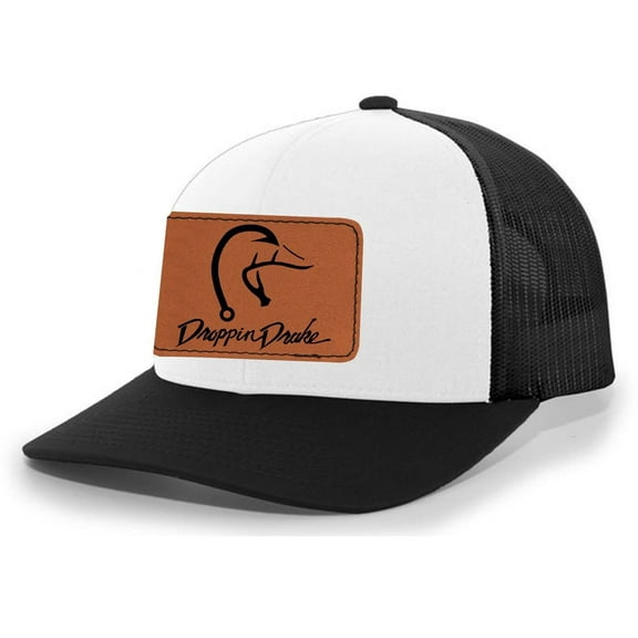 Droppin Drake Hunting Hat Duck Fishing Hook Engraved Leather Patch Mens Mesh Back Trucker Hat, White/Black/Black