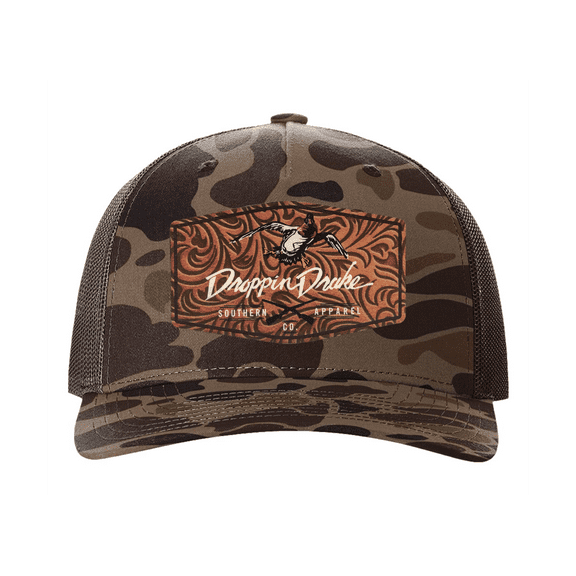 Droppin Drake Mallard Duck and Gun X Leather Patch Trucker Hat – Snapback Mesh Design, Bark Duck Camo/Brown