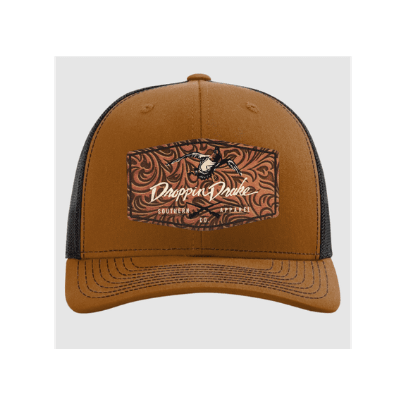 Droppin Drake Mallard Duck and Gun X Leather Patch Trucker Hat – Snapback Mesh Design, Caramel/Black