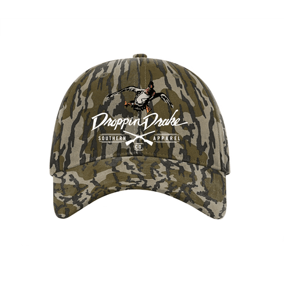 Droppin Drake Mallard Duck and Gun X Logo Mens Embroidered Casual Twill Camo Strapback-Bottomland, White Thread