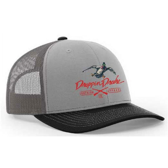 Droppin Drake Mallard Duck and Gun X Logo Mesh Back Trucker Hat-Black/Grey/Charcoal