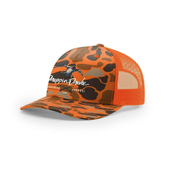 Droppin Drake Mallard Duck and Gun X Logo Mesh Back Trucker Hat-Blaze Camo/Blaze