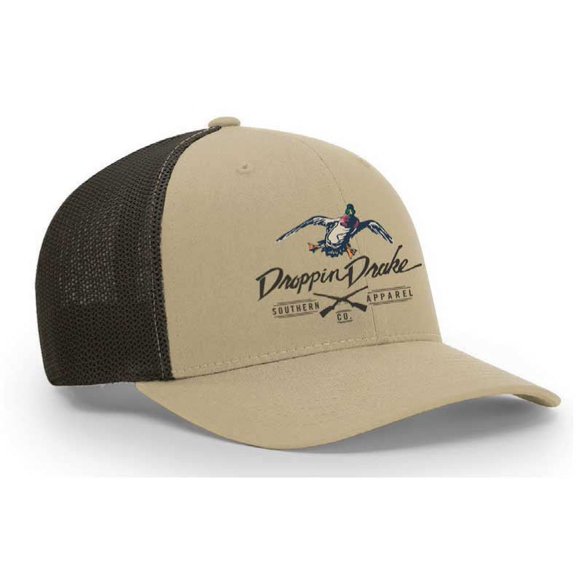 Droppin Drake Mallard Duck and Gun X Logo Mesh Back Trucker Hat-Khaki/Coffee