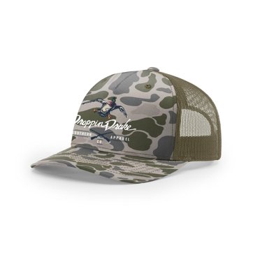 Droppin Drake Mallard Duck and Gun X Logo Mesh Back Trucker Hat- Marsh Duck Camo/Loden