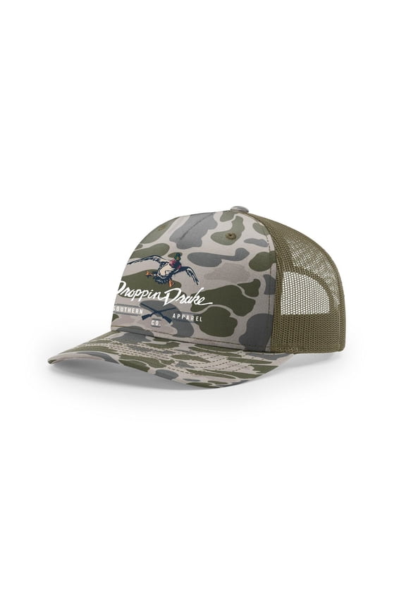 Mallard Duck and Gun X Logo Mesh Back Trucker Hat- Marsh Duck Camo/Loden