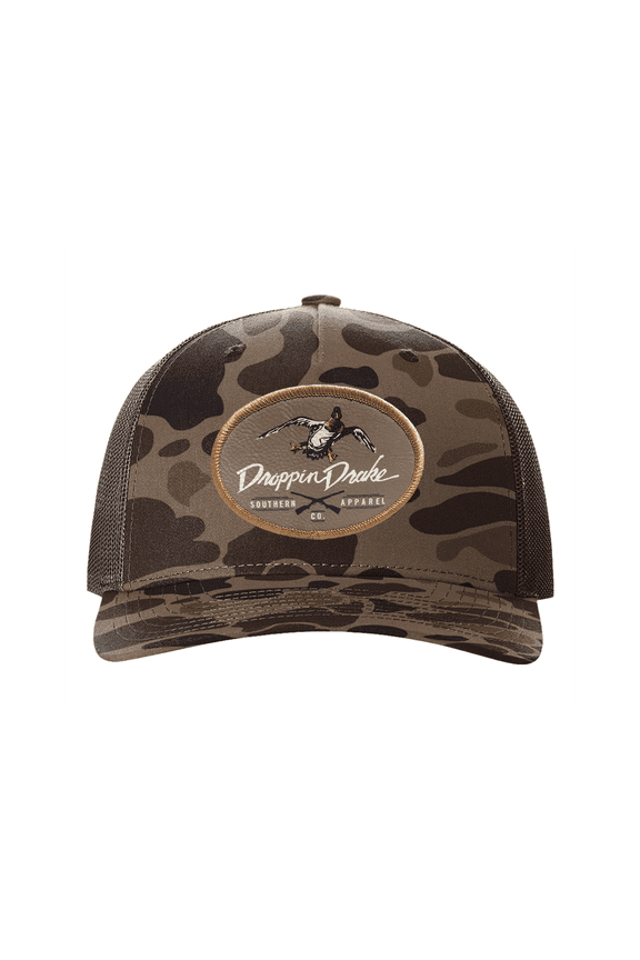 Mallard Duck and Gun X Oval Patch Snapback Mesh Trucker Hat, Bark Duck Camo/Brown