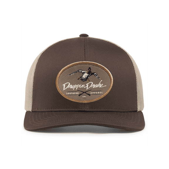 Droppin Drake Mallard Duck and Gun X Oval Patch Snapback Mesh Trucker Hat, Brown/Khaki