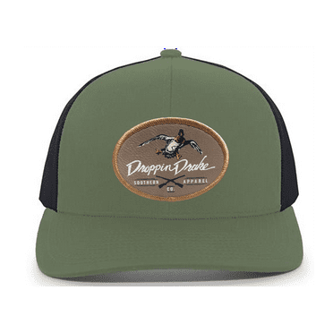 Droppin Drake Mallard Duck and Gun X Oval Patch Snapback Mesh Trucker Hat, Loden/Black