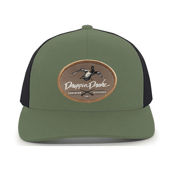 Droppin Drake Mallard Duck and Gun X Oval Patch Snapback Mesh Trucker Hat, Loden/Black