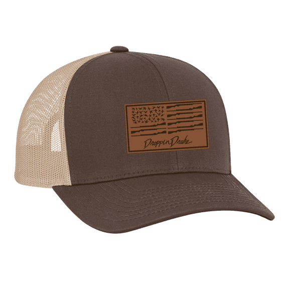 Droppin Drake Men's Duck Flag Laser Engraved Leather Patch Trucker Hat, Brown/Khaki