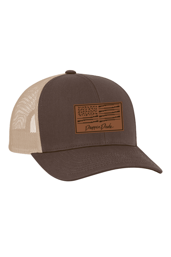 Men's Duck Flag Laser Engraved Leather Patch Trucker Hat, Brown/Khaki