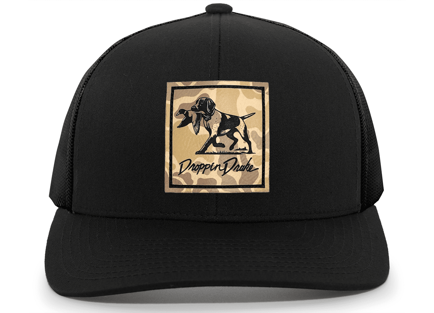 Droppin Drake Men's Hunting Trucker Hat - Duck Dog Engraved Camo Leather Patch, Mesh Back Design, Black/Black