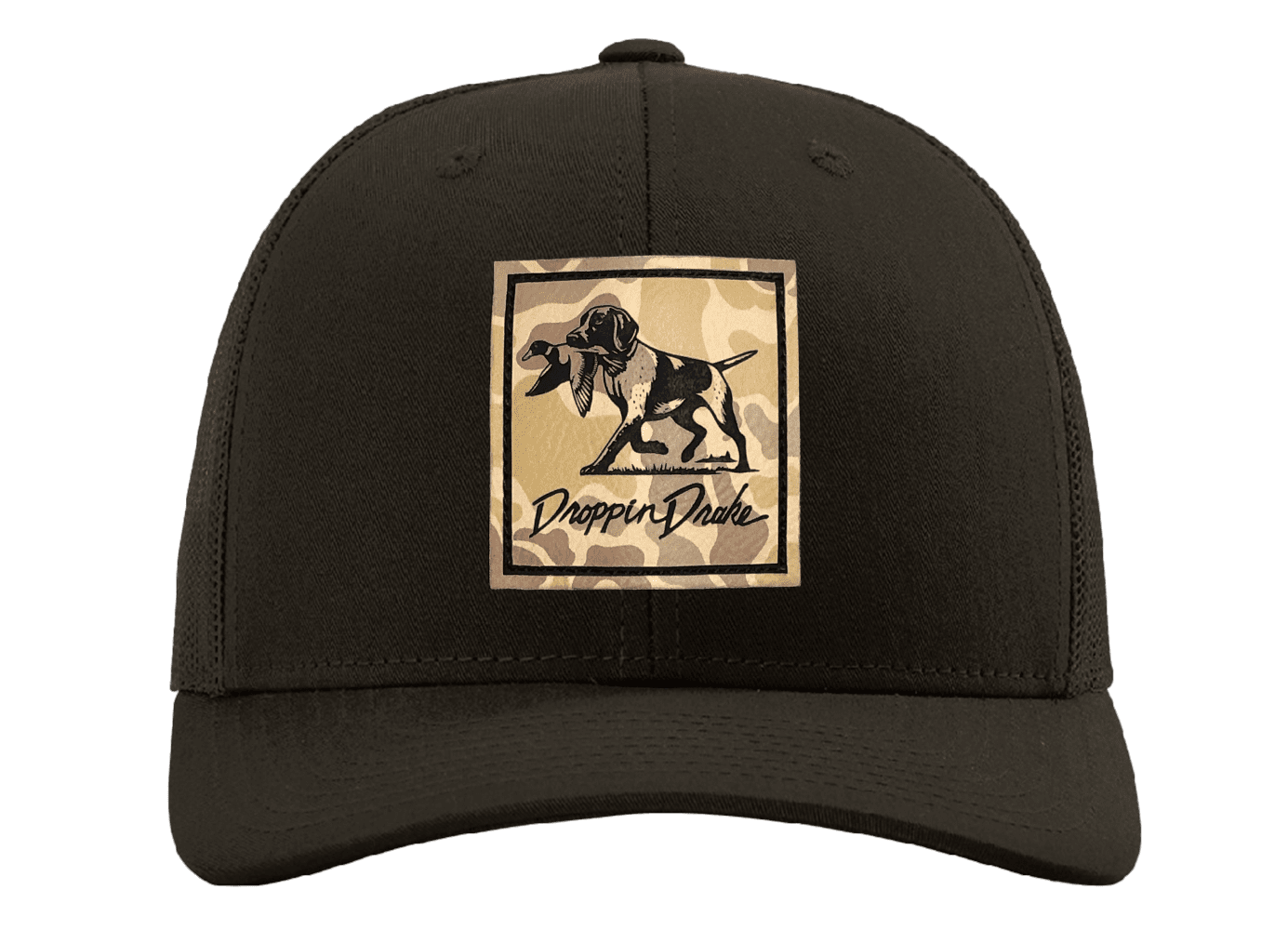 Droppin Drake Men's Hunting Trucker Hat - Duck Dog Engraved Camo Leather Patch, Mesh Back Design, Coffee