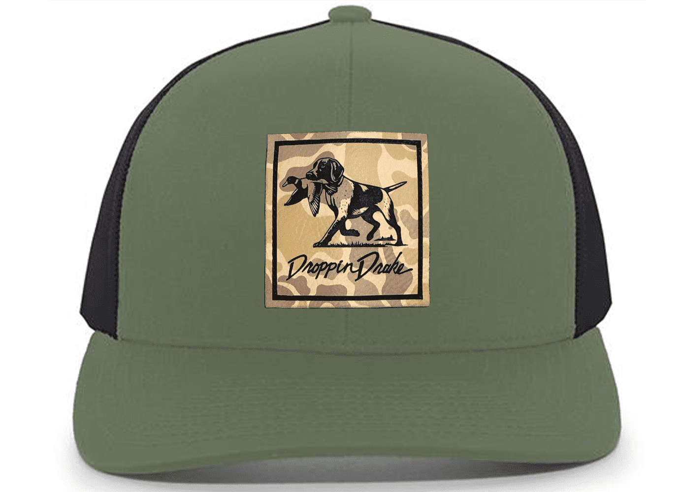 Droppin Drake Men's Hunting Trucker Hat - Duck Dog Engraved Camo Leather Patch, Mesh Back Design, Loden/Black