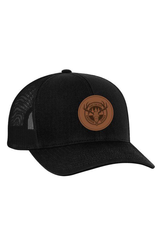 Men's Wild Deer Hunt The Sign Laser Engraved Leather Patch Trucker Hat, Black/Black