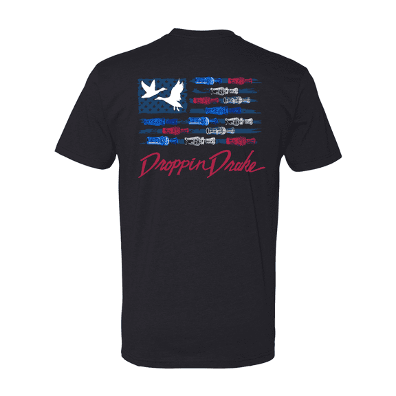 Droppin Drake Mens USA Duck Call Flag Red Lettering Cotton Polyester Blend Mens Short Sleeve T-Shirt-Black-Large