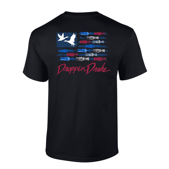 Droppin Drake Mens USA Duck Call Flag Red White & Blue Red Lettering Mens Short Sleeve T-Shirt-Black-3X-Large