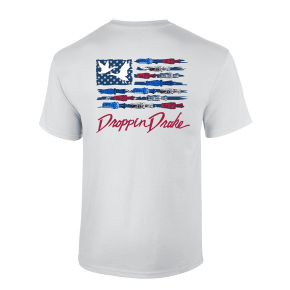 Mens USA Duck Call Flag Red White & Blue Red Lettering Mens Short Sleeve T-Shirt-White-Large