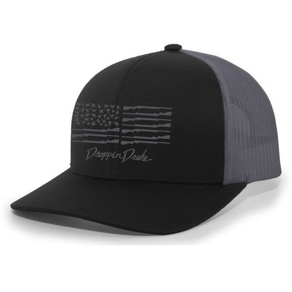Droppin Drake Southern Apparel Co American Duck Gun Flag Trucker Mesh Snapback Hat-Black/Black/Charcoal Flag