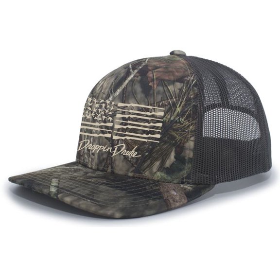 Droppin Drake Southern Apparel Co American Duck Gun Flag Trucker Mesh Snapback Hat-Breakup Camo/Chocolate/Tan Flag