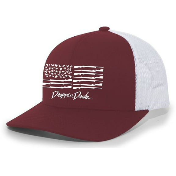 Droppin Drake Southern Apparel Co American Duck Gun Flag Trucker Mesh Snapback Hat-Cardinal/White/White Flag