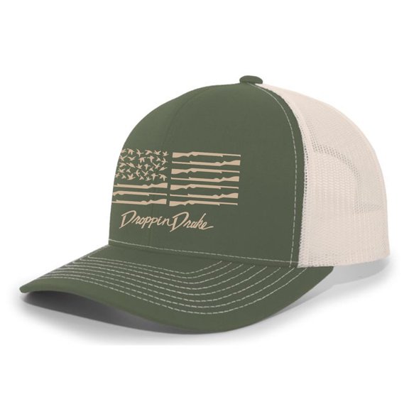 Droppin Drake Southern Apparel Co American Duck Gun Flag Trucker Mesh Snapback Hat-Moss/Beige