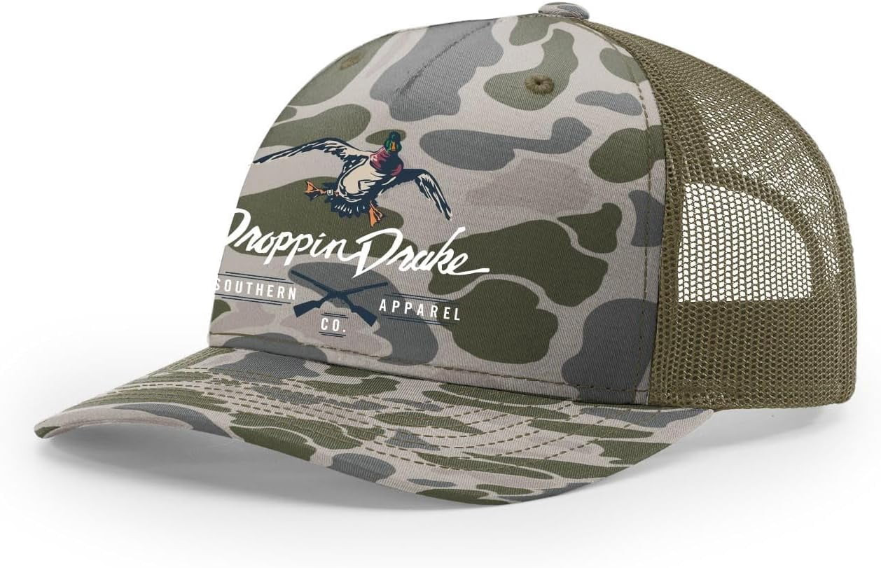 Droppin Drake Mallard Duck & Gun X Logo Trucker Hat - Mesh Back, Camo/Loden, Snapback Adjustable