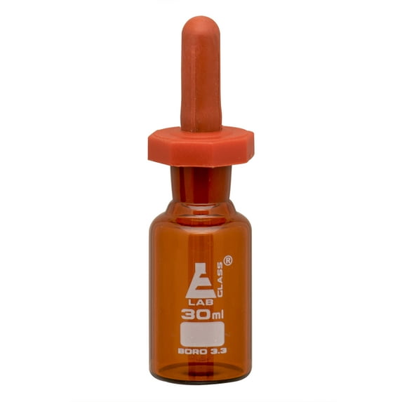 Dropping Bottle, 30ml (1oz) - Amber Borosilicate 3.3 Glass - Eye Dropper Pipette and Dust Proof Rubber Bulb - Octagonal, Non-screw Top - Eisco Labs