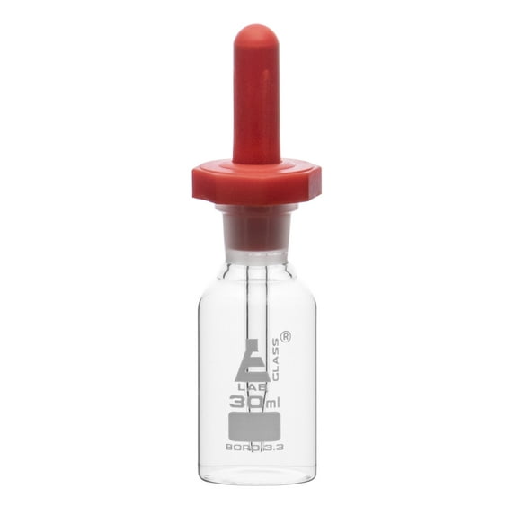 Dropping Bottle, 30ml (1oz) - Borosilicate 3.3 Glass - Eye Dropper Pipette and Dust Proof Rubber Bulb - Octagonal, Non-screw Top - Eisco Labs
