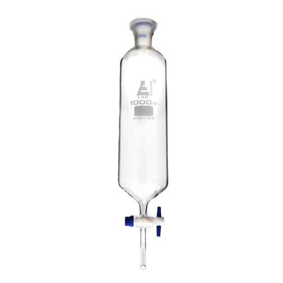 Dropping Funnel, 1000ml, Cylindrical - includes Interchangeable Plastic Stopper, Socket Size 23/32, with PTFE Key Stopcock - Borosilicate Glass - Eisco Labs