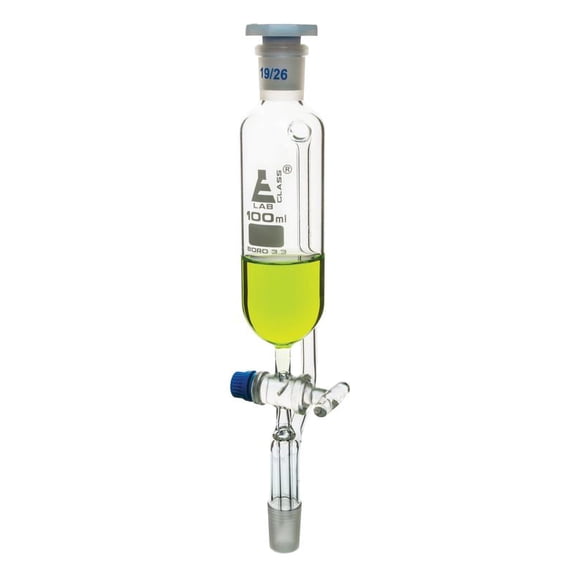 Dropping Funnel, 100mL - Pressure Equalizing - Borosilicate Glass with 19/26 Plastic Stopper & PTFE Key Stopcock - Eisco Labs