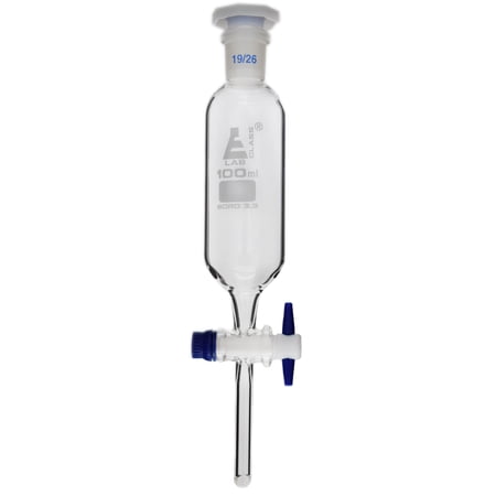 Dropping Funnel, 100ml, Cylindrical - includes Interchangeable Plastic Stopper, Socket Size 19/26, with PTFE Key Stopcock - Borosilicate Glass - Eisco Labs