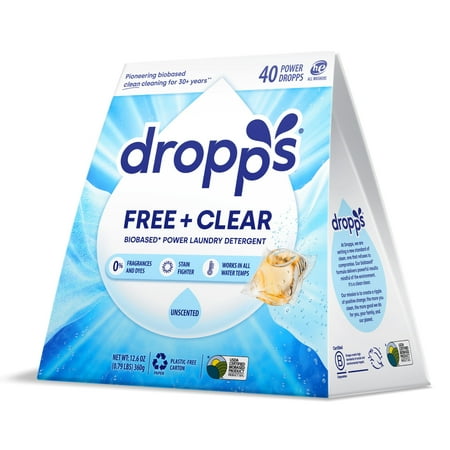 Dropps Laundry Free & Clear Detergent Pods, HE Compatible, No Dyes, Unscented, 40 Count