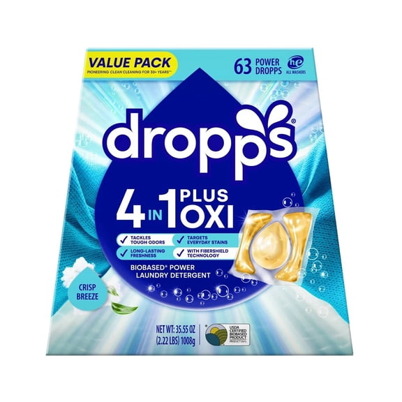 Dropps Laundry 4-in-1 Plus Oxi Power Biobased Detergent Pods - Crisp Breeze - 63ct (Please be advised that sets may be missing pieces or otherwise incomplete.)