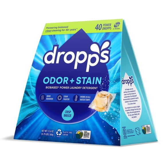 Dropps Laundry Odor + Stain Detergent Pods, Biobased, HE Compatible, Crisp Breeze Scent, 40 Count