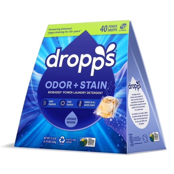 Dropps Laundry Odor and Stain Detergent Pods, Biobased, Lavender Meadow, 40 Ct