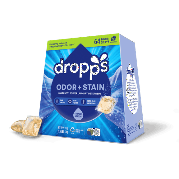 Dropps Laundry Odor and Stain Detergent Pods, Biobased, Lavender Meadow, 64 Ct