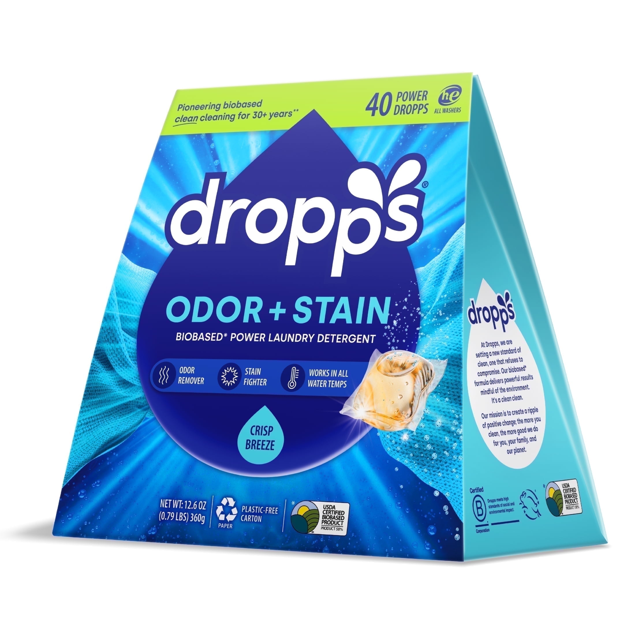 Dropps Laundry Odor and Stain Detergent Pods, Crisp Breeze, HE Compatible, Biobased, Stain and Odor Remover, 40 Ct