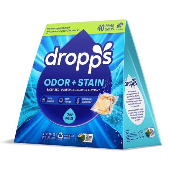 Dropps Laundry Odor and Stain Detergent Pods, Biobased, Crisp Breeze, 40 Ct