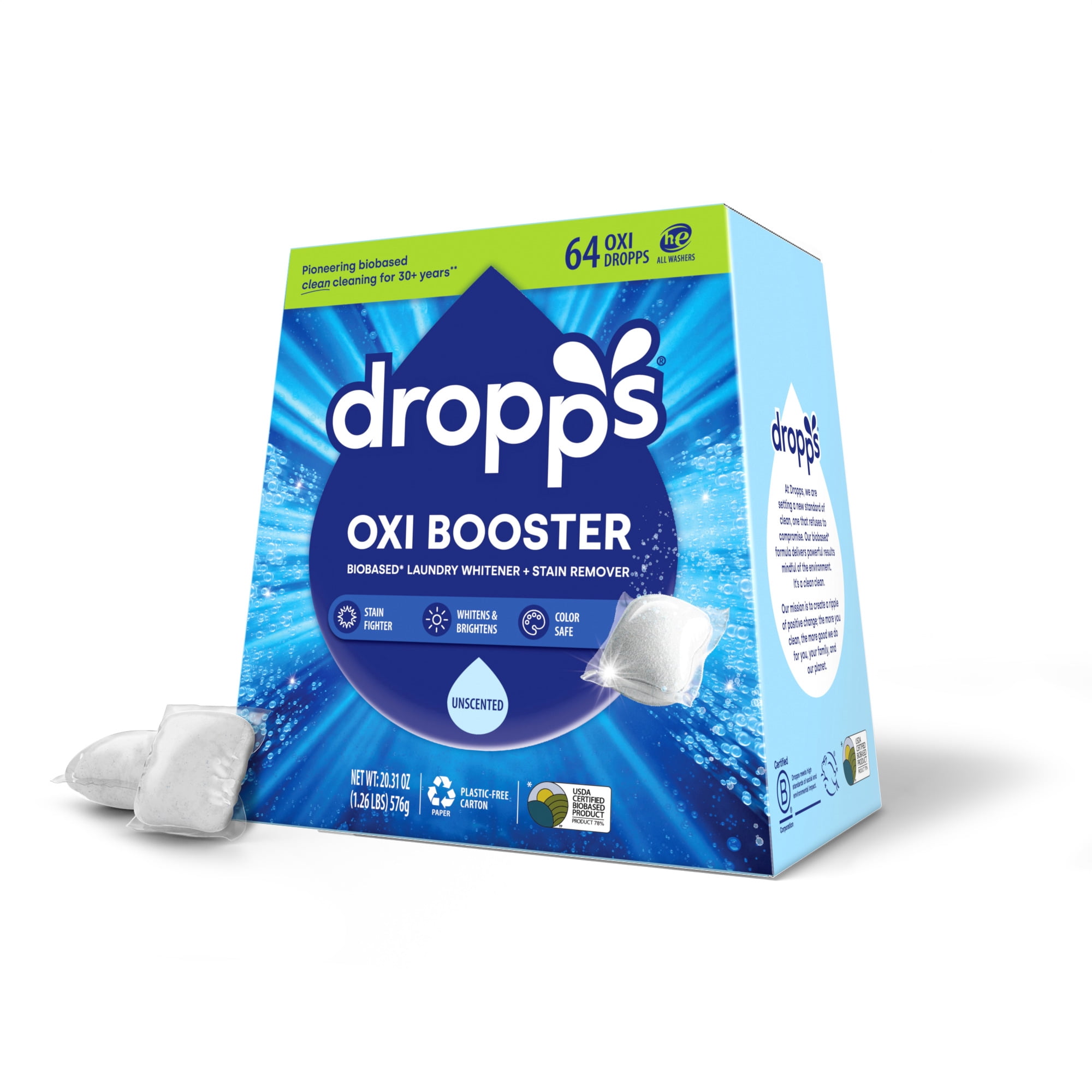 Dropps Oxi Booster Laundry Detergent Pods, Biobased, Unscented, 64 Ct