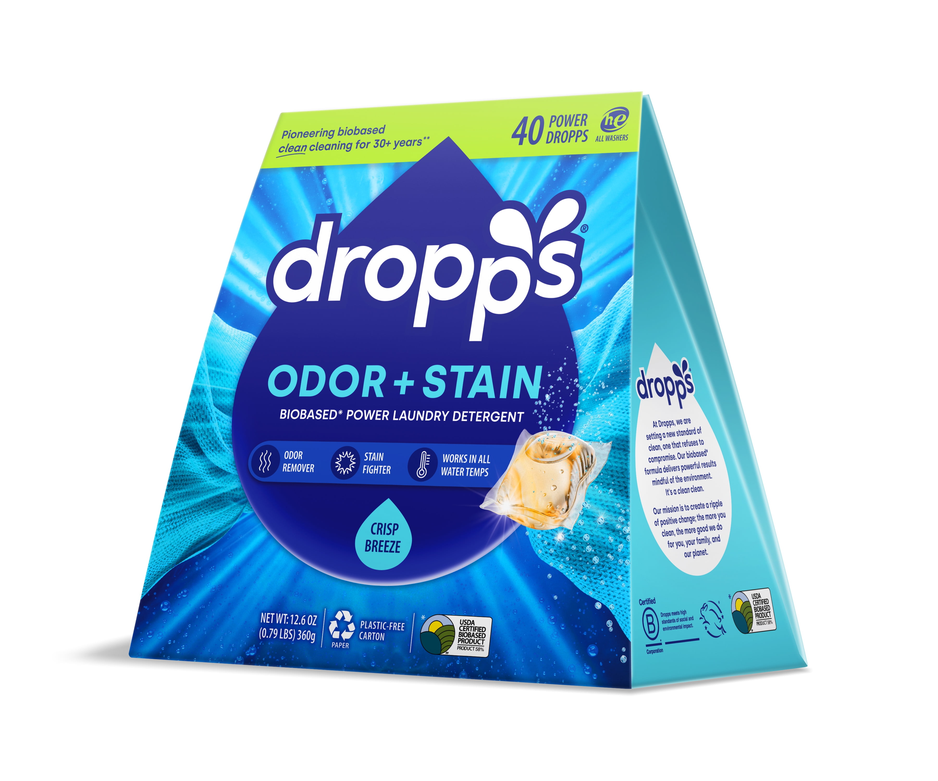 Dropps Odor & Stain Laundry Detergent Pods: Crisp Breeze | 40 Count | HE Compatible + All Washers | Cold Wash + All Temperatures Tackles Tough Odors | Low Waste Packaging