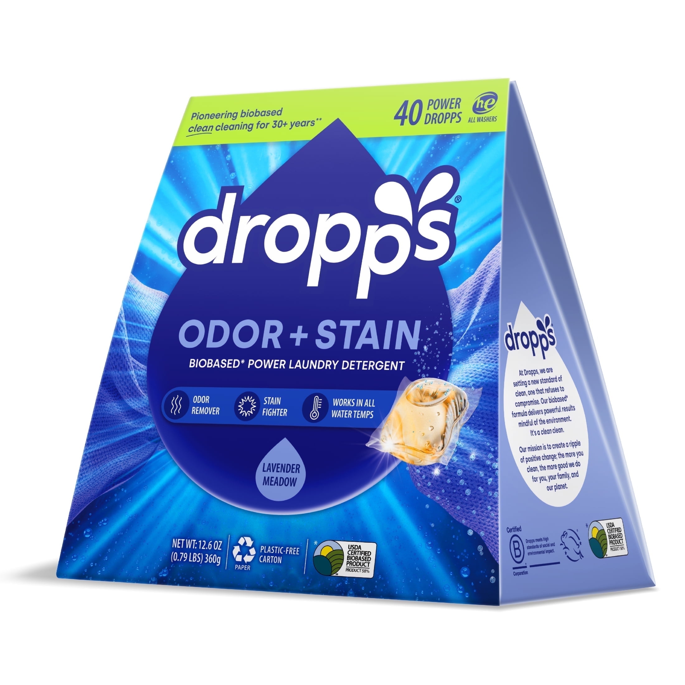Dropps Laundry Odor + Stain Detergent Pods, Biobased, HE Compatible, Lavender Meadow Scent, 40 Count
