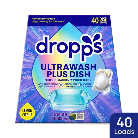 Dropps Dishwasher UltraWash Plus Detergent Pods, Biobased, Lemon Citrus, 40 Ct