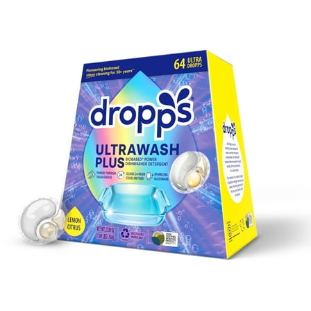 Dropps Dishwasher UltraWash Plus Detergent Pods, Biobased, Lemon Citrus, 64 Ct
