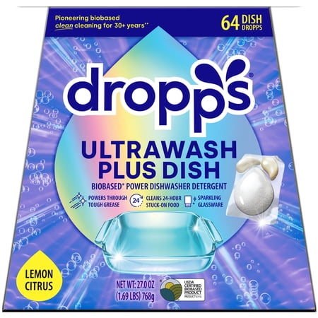 Dropps Dishwasher UltraWash Plus Detergent Pods, Biobased, Lemon Citrus, 64 Ct