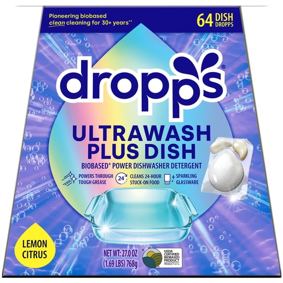 Dropps Dishwasher UltraWash Plus Detergent Pods, Biobased, Lemon Citrus, 64 Ct